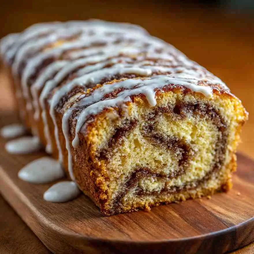Close-up of a sliced Cinnamon Roll Loaf Cake with thick cinnamon swirls and white icing drizzled across the top on a wooden board.