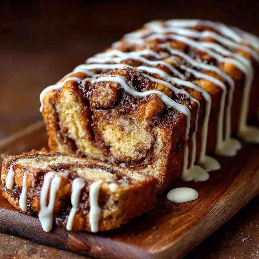 Cinnamon Roll Loaf Cake sliced open to reveal rich cinnamon layers, topped with generous white icing on a wooden board.