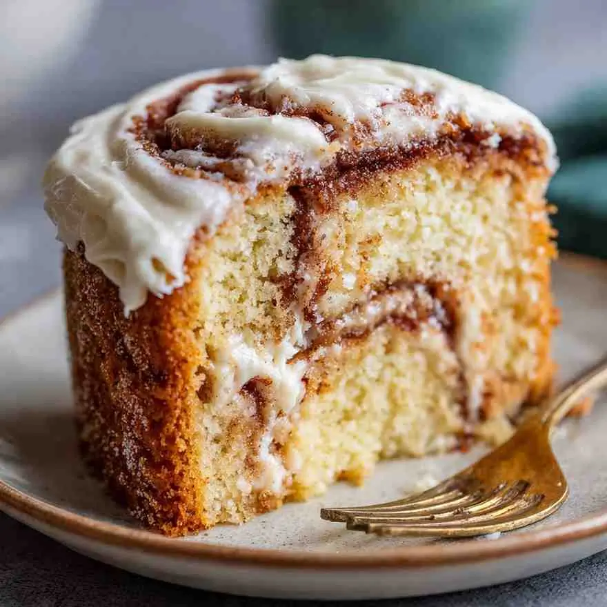 Close-up slice of Cinnamon Roll Cake showing thick cinnamon layers and creamy frosting on a ceramic plate with a gold fork.