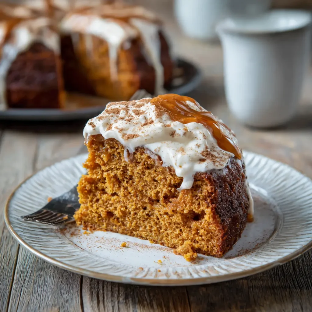 A slice of moist cinnamon pumpkin cake topped with cream cheese frosting and caramel drizzle on a white plate.