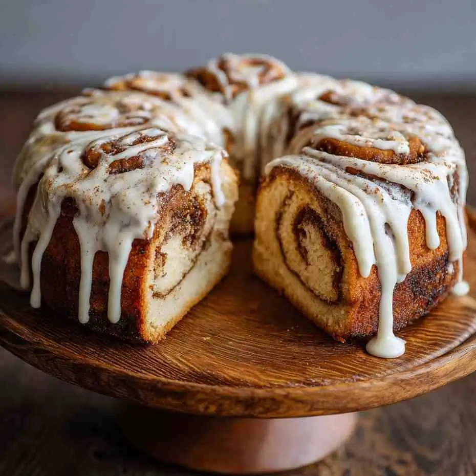 Cinnamon Roll Cake with visible spiral layers and icing drizzled on top, presented on a wooden cake stand.
