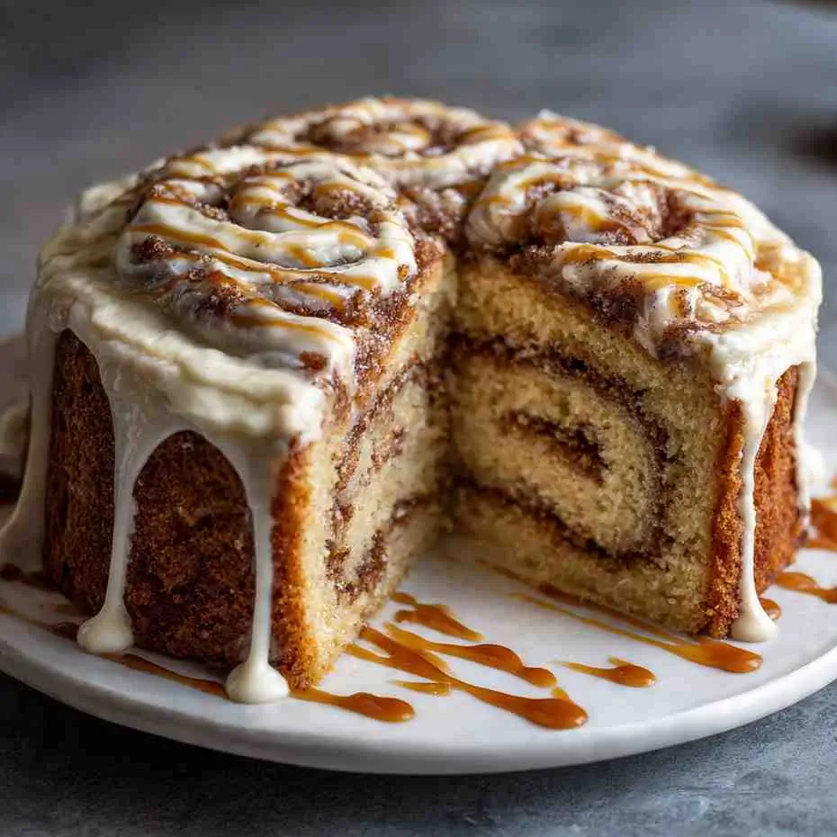 Tall Cinnamon Roll Cake with thick cinnamon swirl layers and icing drizzle, sliced open to show the interior texture.