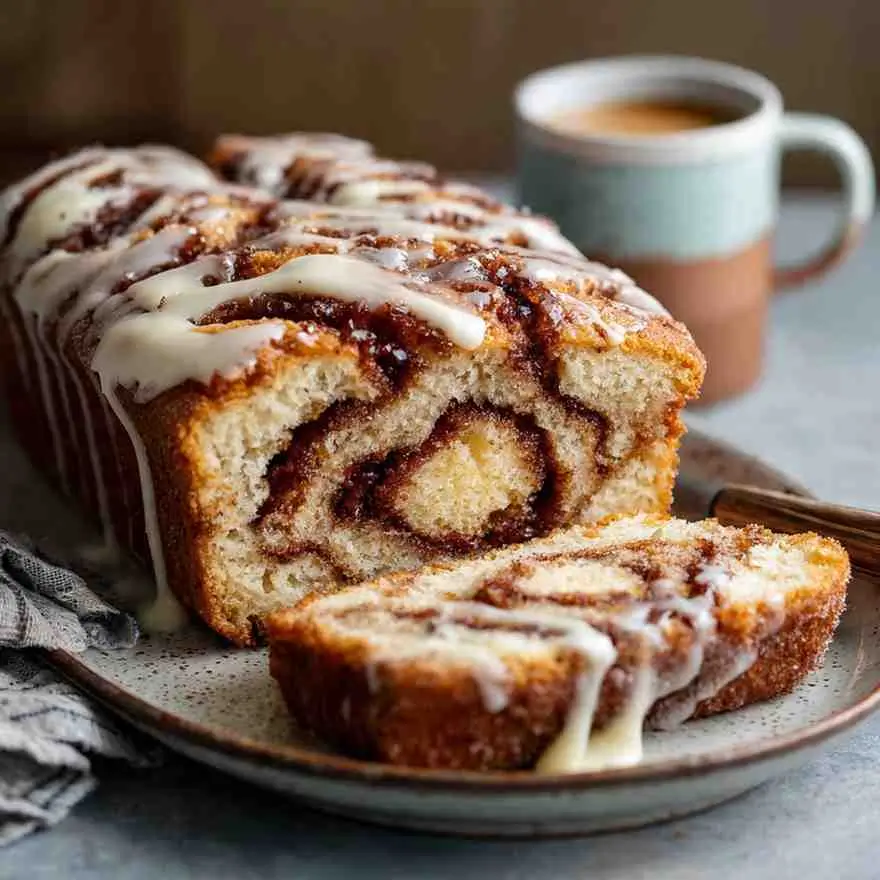 Sliced Cinnamon Roll Loaf Cake with visible spiral layers and icing, served on a speckled plate beside a warm cup of coffee.