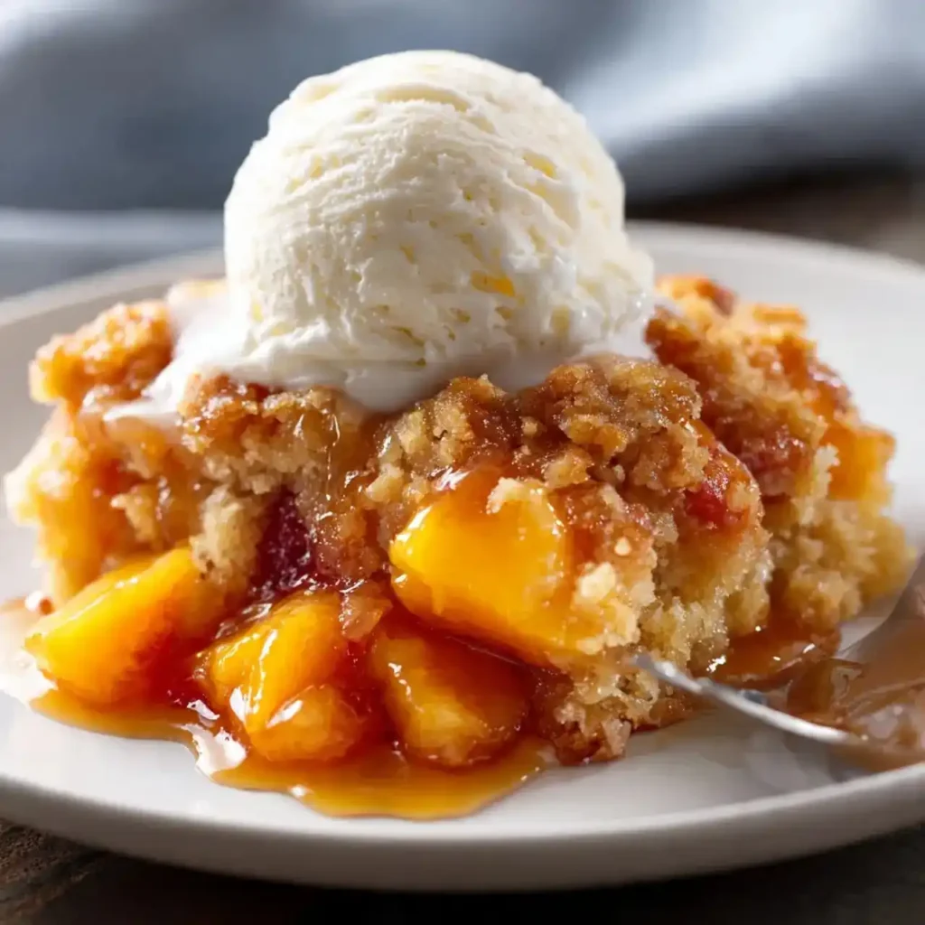 Warm peach dessert cake topped with a scoop of vanilla ice cream on a white plate.