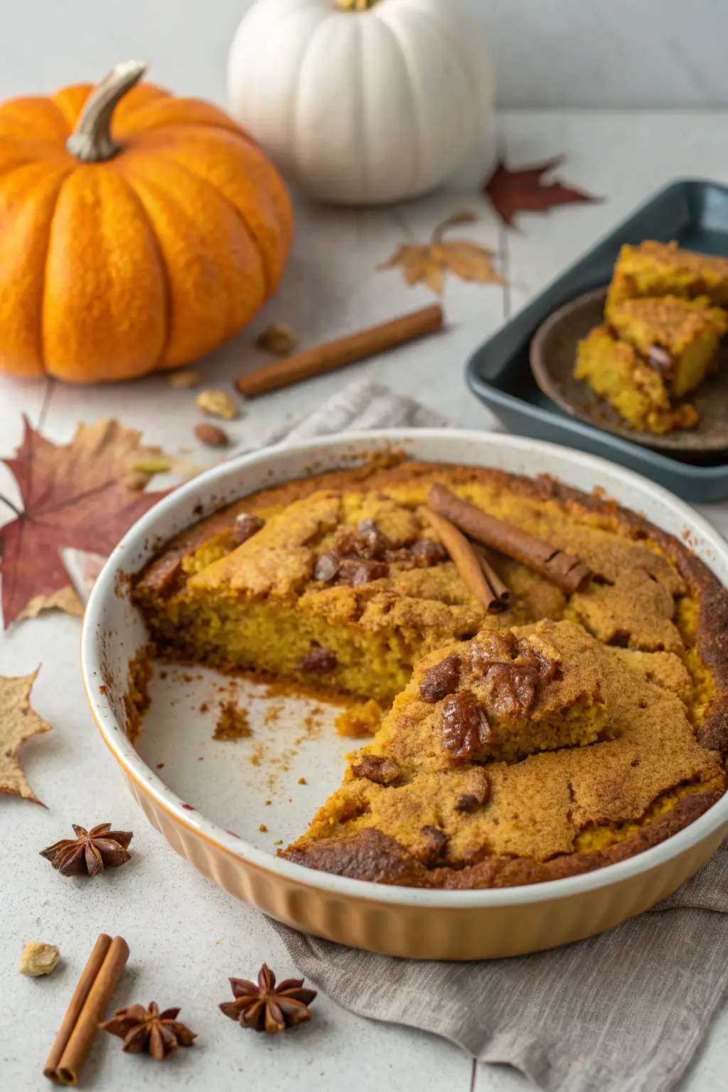 Baked pumpkin dump cake in a round pan with golden top and cinnamon sticks.