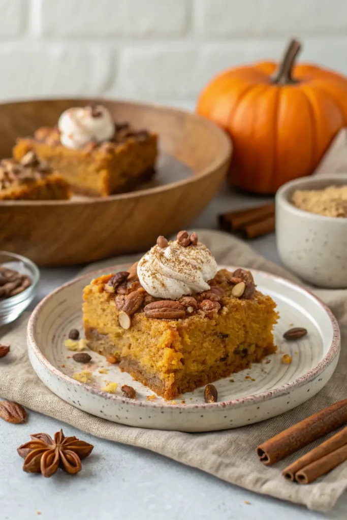 Pumpkin dump cake slice with pecans, whipped topping, and cinnamon on a ceramic plate.