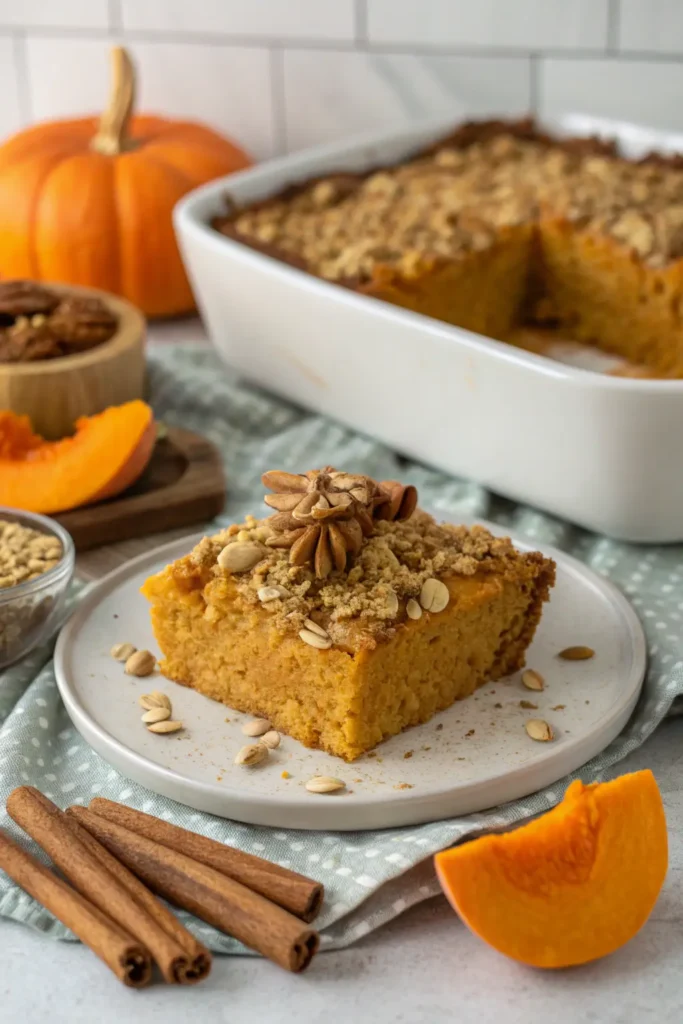 Slice of healthy pumpkin dump cake topped with oats, seeds, and star anise on a white plate.