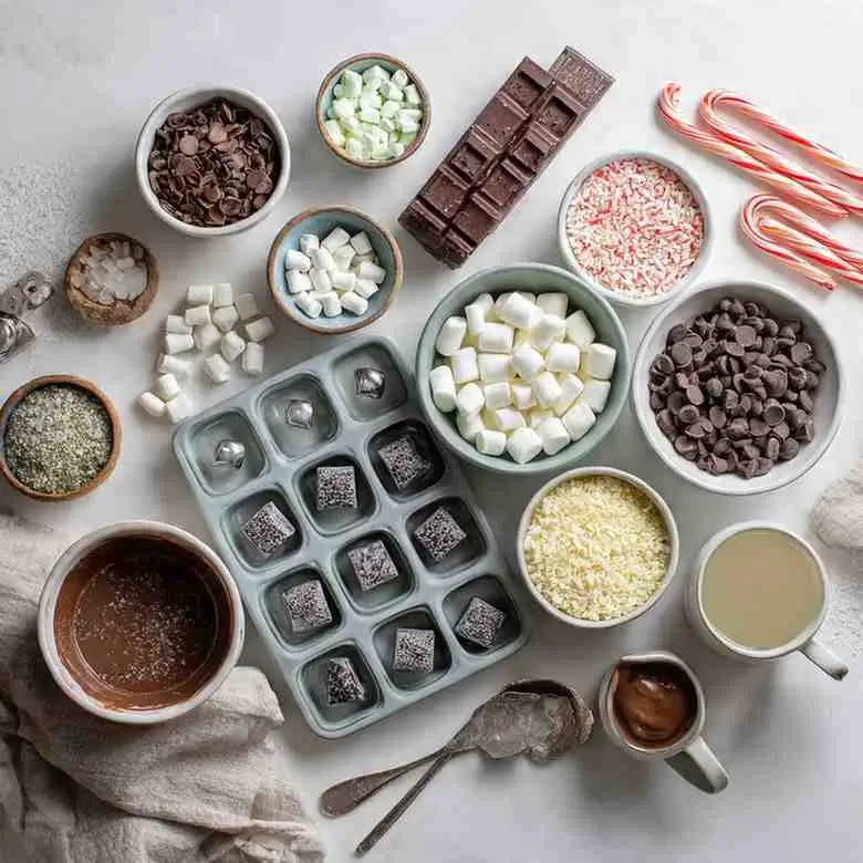 Flat-lay of hot chocolate bomb ingredients including chocolate bars, marshmallows, cocoa mix, candy canes, and silicone molds.