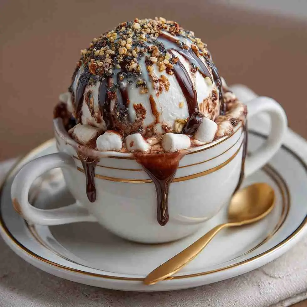 White chocolate bomb in a gold-rimmed mug topped with chocolate drizzle, nuts, and mini marshmallows.