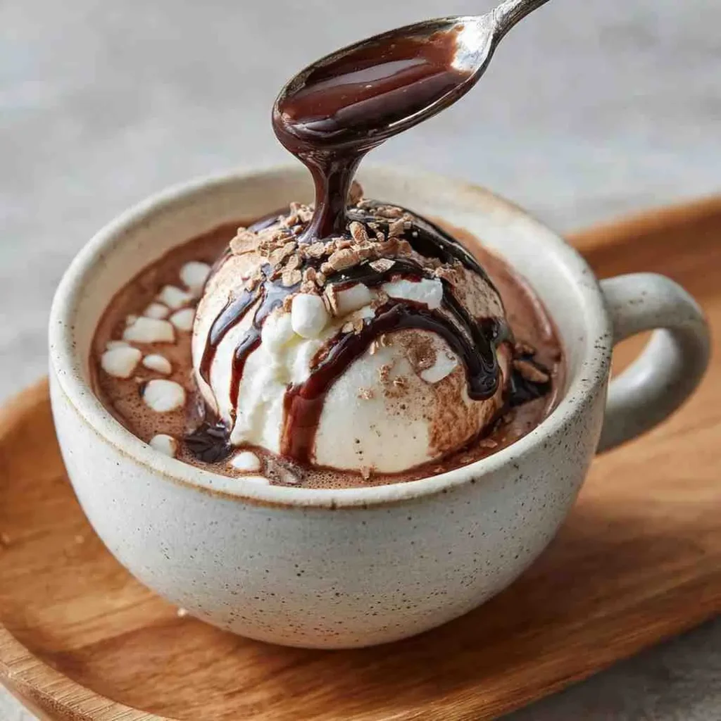 Hot chocolate bomb melting in a mug while warm chocolate sauce is spooned over the top.
