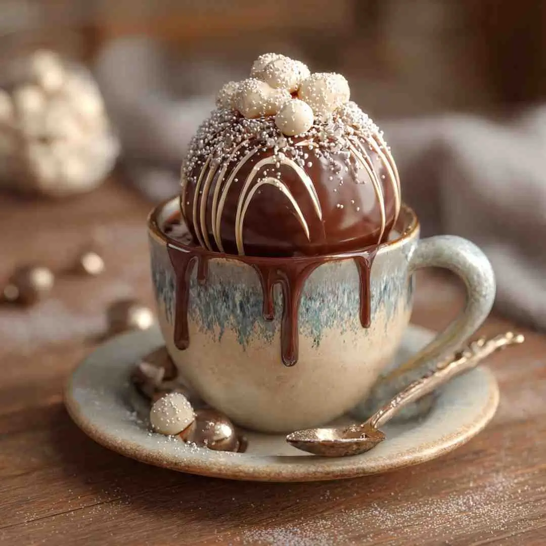 Chocolate hot cocoa bomb decorated with sprinkles and white chocolate drizzle, sitting in a rustic ceramic mug.