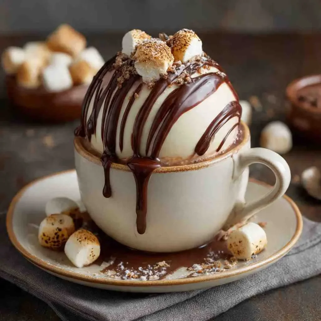 White hot chocolate bomb topped with toasted marshmallows and chocolate drizzle, melting over the rim of a ceramic mug.
