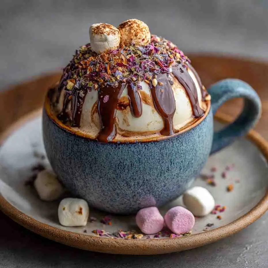 White chocolate bomb in a blue mug topped with chocolate drizzle, rose petals, and marshmallows.