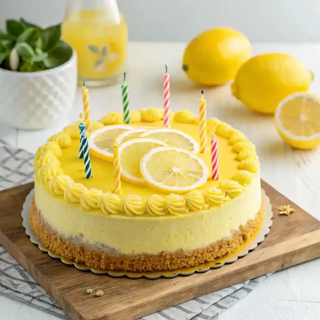 Bright yellow lemon birthday cake decorated with frosting swirls, lemon slices, and colorful candles.