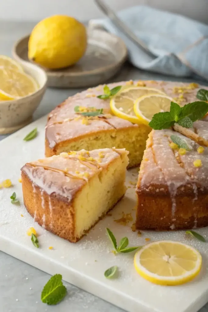 Sliced lemon drizzle cake topped with lemon glaze and fresh mint leaves.