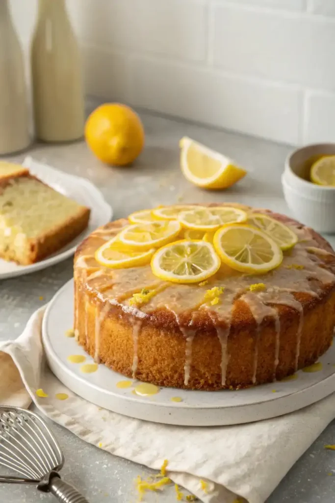 Whole lemon drizzle cake with icing glaze and lemon slices on top.