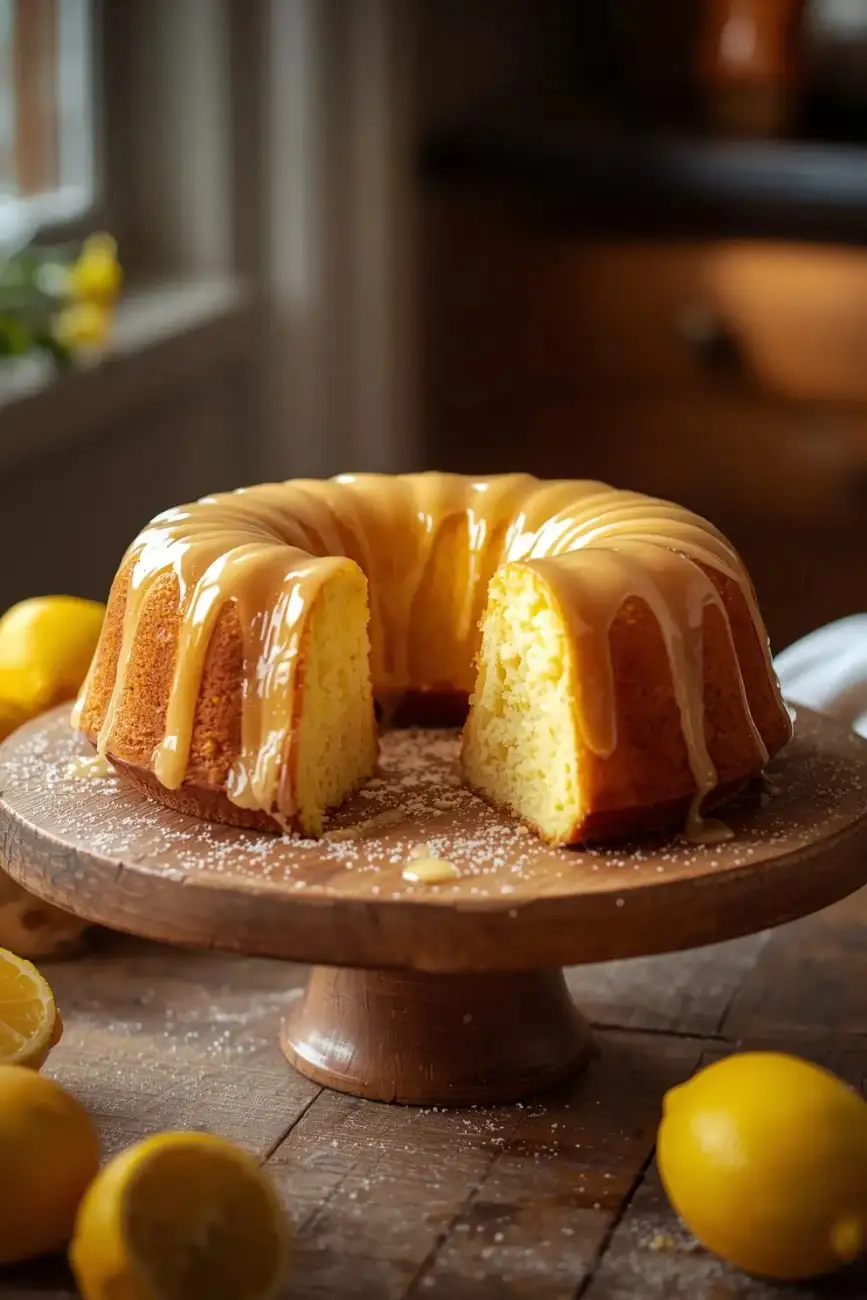 Lemon bundt cake topped with golden glaze and surrounded by fresh lemons.