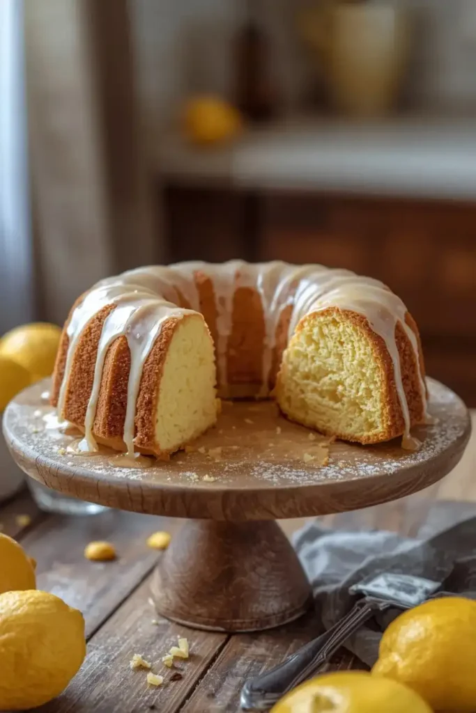 Lemon bundt cake with icing drizzle on a wooden cake stand.