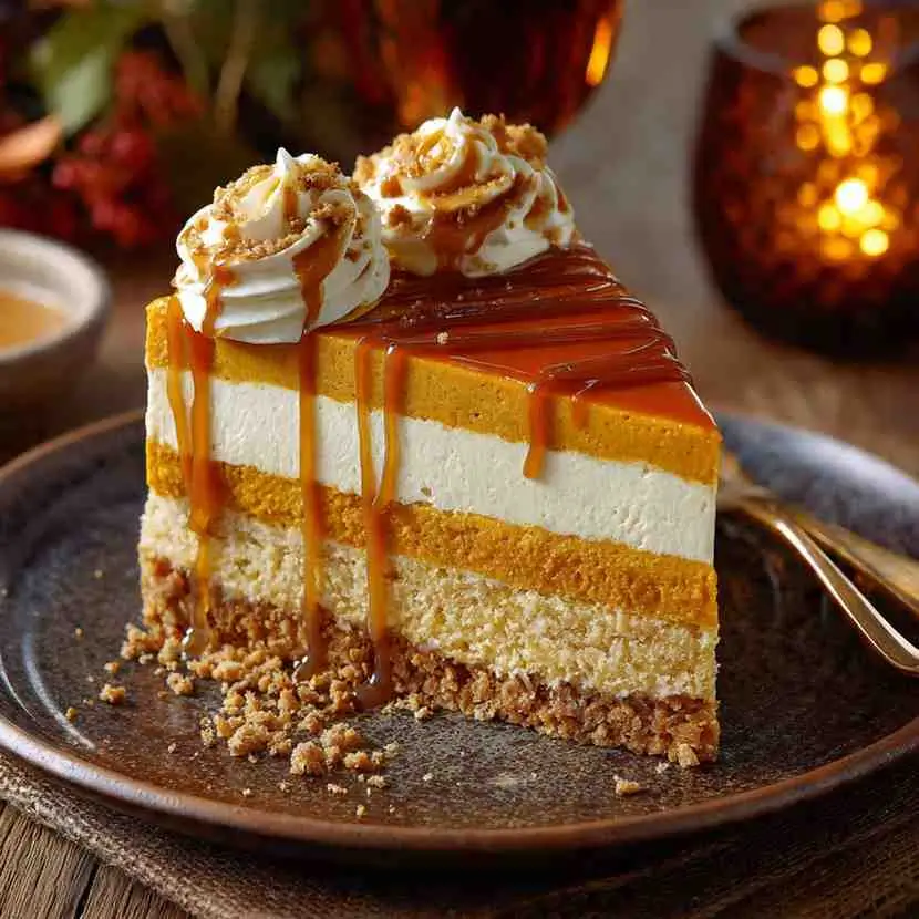 Slice of layered pumpkin dessert cake with whipped topping and caramel drizzle on a dark plate.