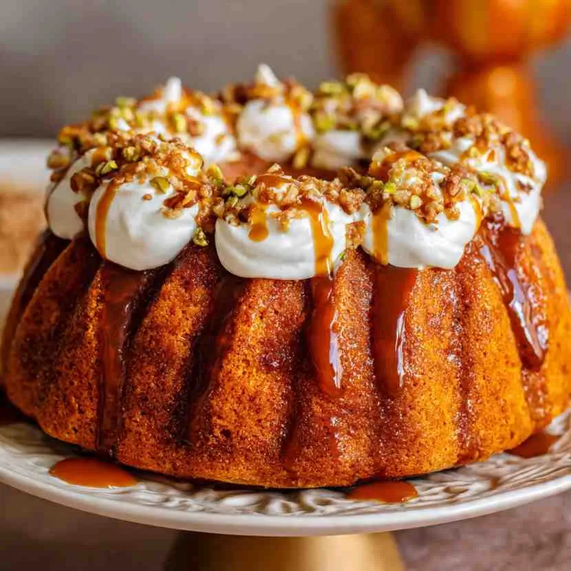 Pumpkin bundt cake topped with whipped cream swirls, chopped nuts, and caramel drizzle.