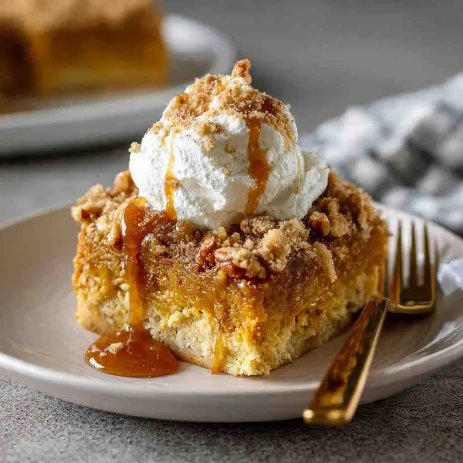 A slice of pumpkin pie dump cake topped with whipped cream and caramel drizzle on a plate with a gold fork.