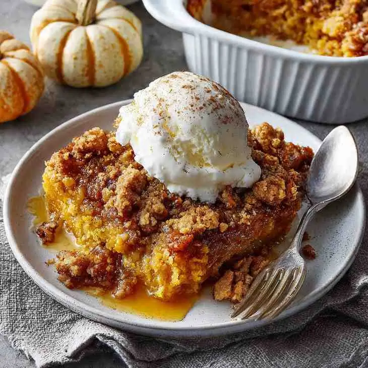 Pumpkin dump cake served warm with a scoop of vanilla ice cream and a crumbly spiced topping.