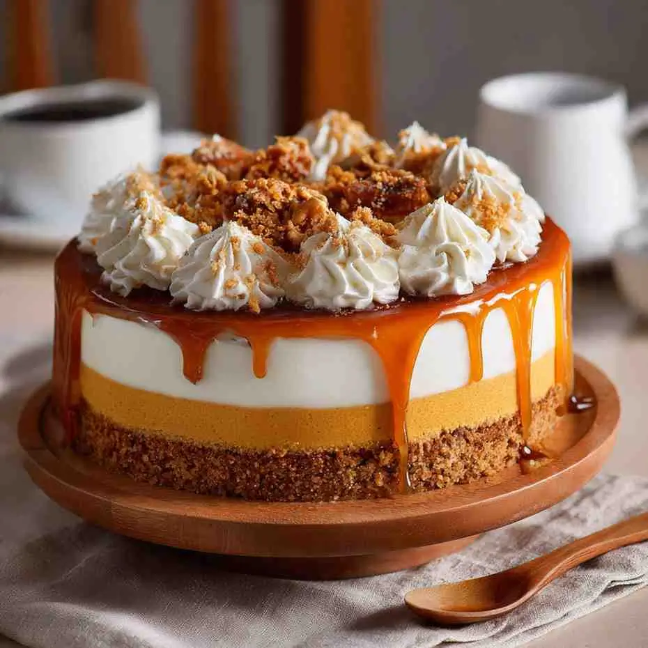 Whole pumpkin layered cake topped with whipped cream, caramel drizzle, and crunchy crumble pieces.