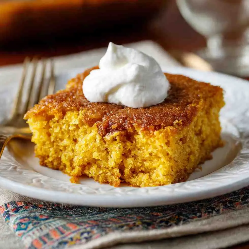 Moist pumpkin dump cake slice topped with a dollop of whipped cream.