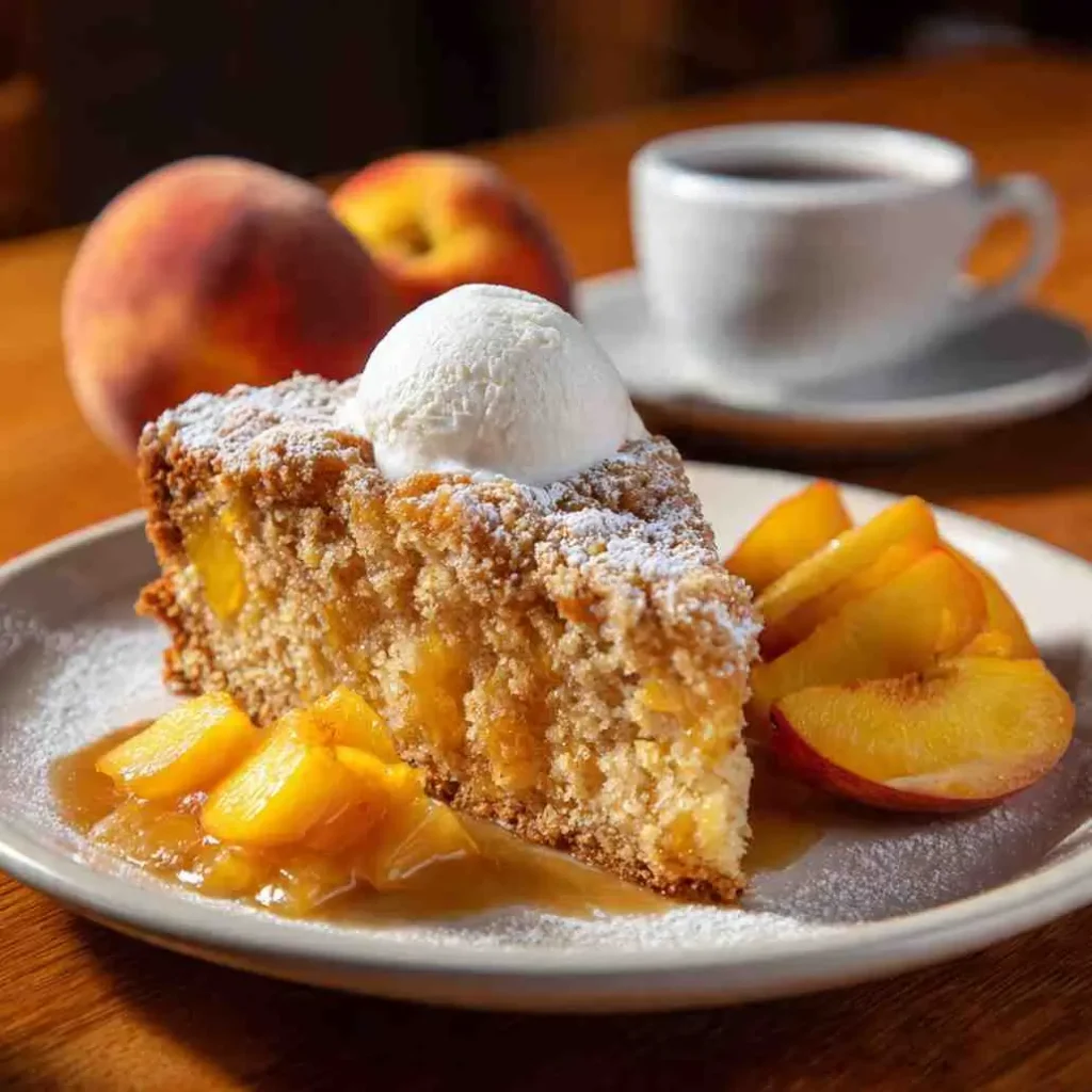 Slice of Southern Peach Cake topped with ice cream and served with caramelized peaches on a white plate.