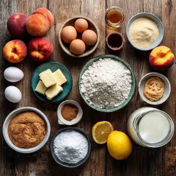 Overhead view of Southern Peach Cake ingredients arranged on a rustic wooden table, including fresh peaches, flour, butter, eggs, sugar, spices, lemon, and buttermilk.