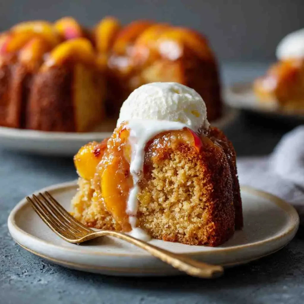 Close-up of a moist Bundt-style peach cake slice topped with warm peach topping and melting vanilla ice cream.