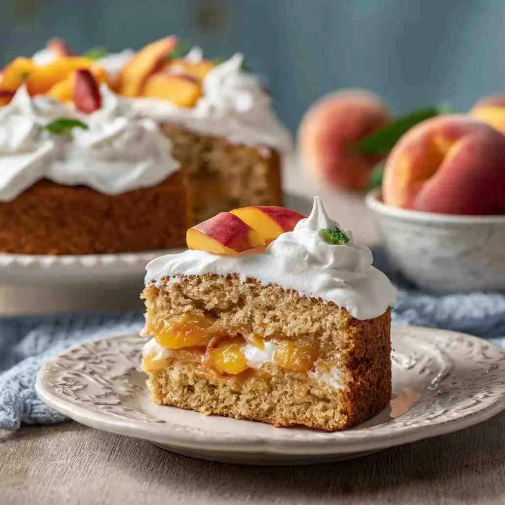Slice of layered peach cake filled with peach compote and topped with whipped cream and fresh peach slices.