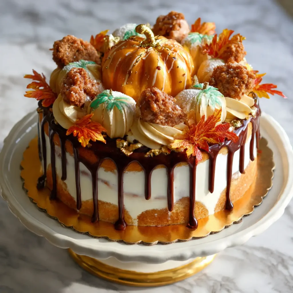 Decorated Thanksgiving pumpkin cake with chocolate drip, cream swirls, and a gold pumpkin topper.