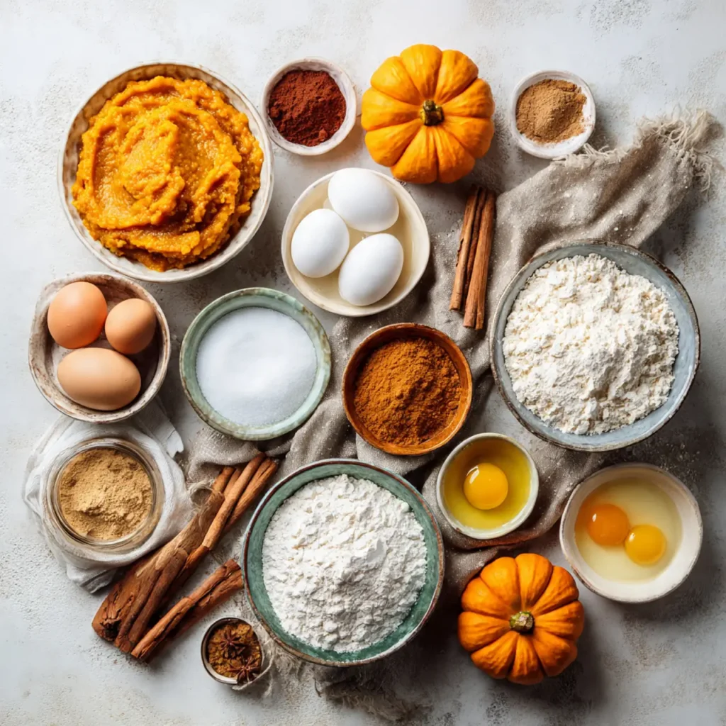 Flat lay of Thanksgiving pumpkin cake ingredients including pumpkin purée, flour, eggs, spices, and mini pumpkins.