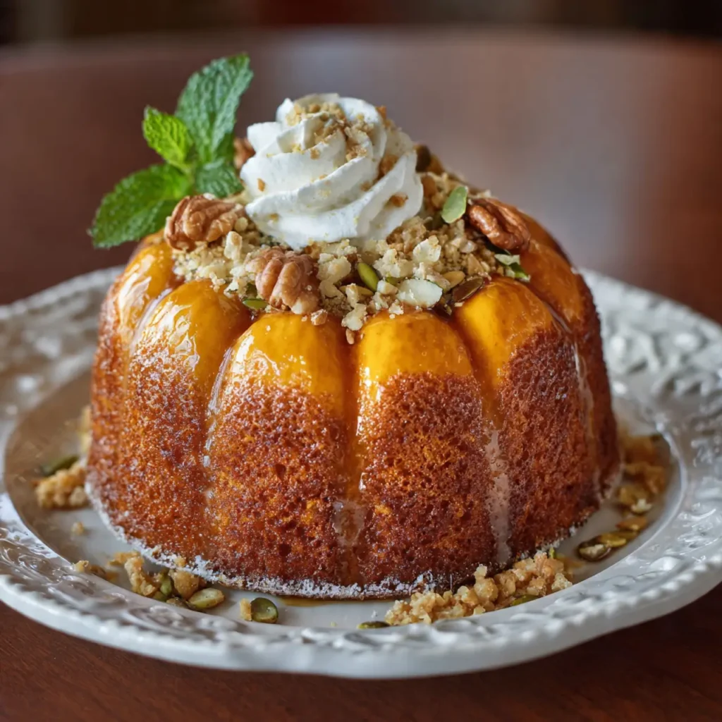 Glazed pumpkin bundt cake topped with whipped cream, pecans, and pumpkin seeds.