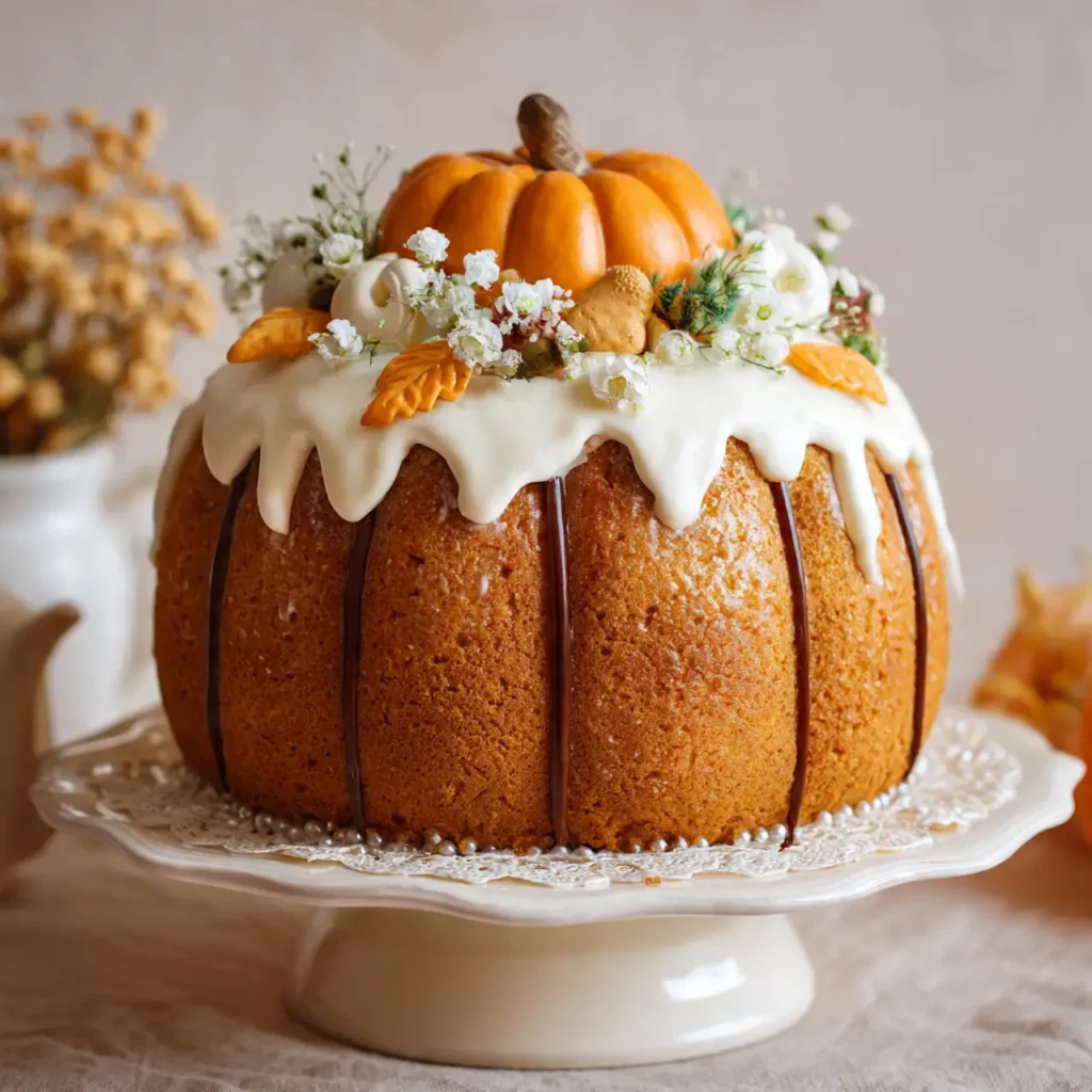Pumpkin-shaped bundt cake decorated with white icing drips, flowers, and fall-themed accents.