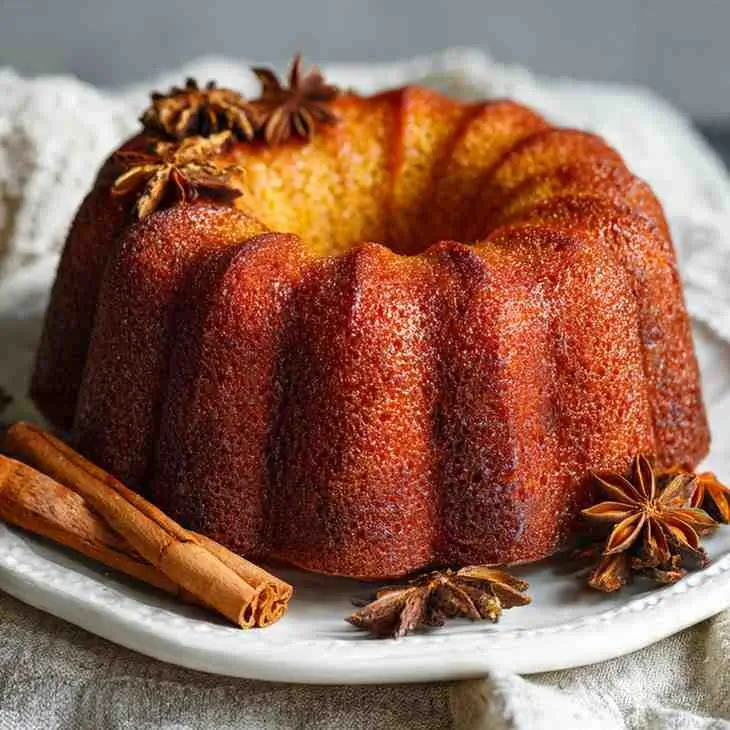 Warm spice bundt cake on a white plate decorated with cinnamon sticks and star anise.