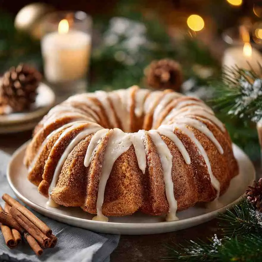 Warm spice bundt cake drizzled with vanilla glaze surrounded by pine branches, candles, and cinnamon sticks.