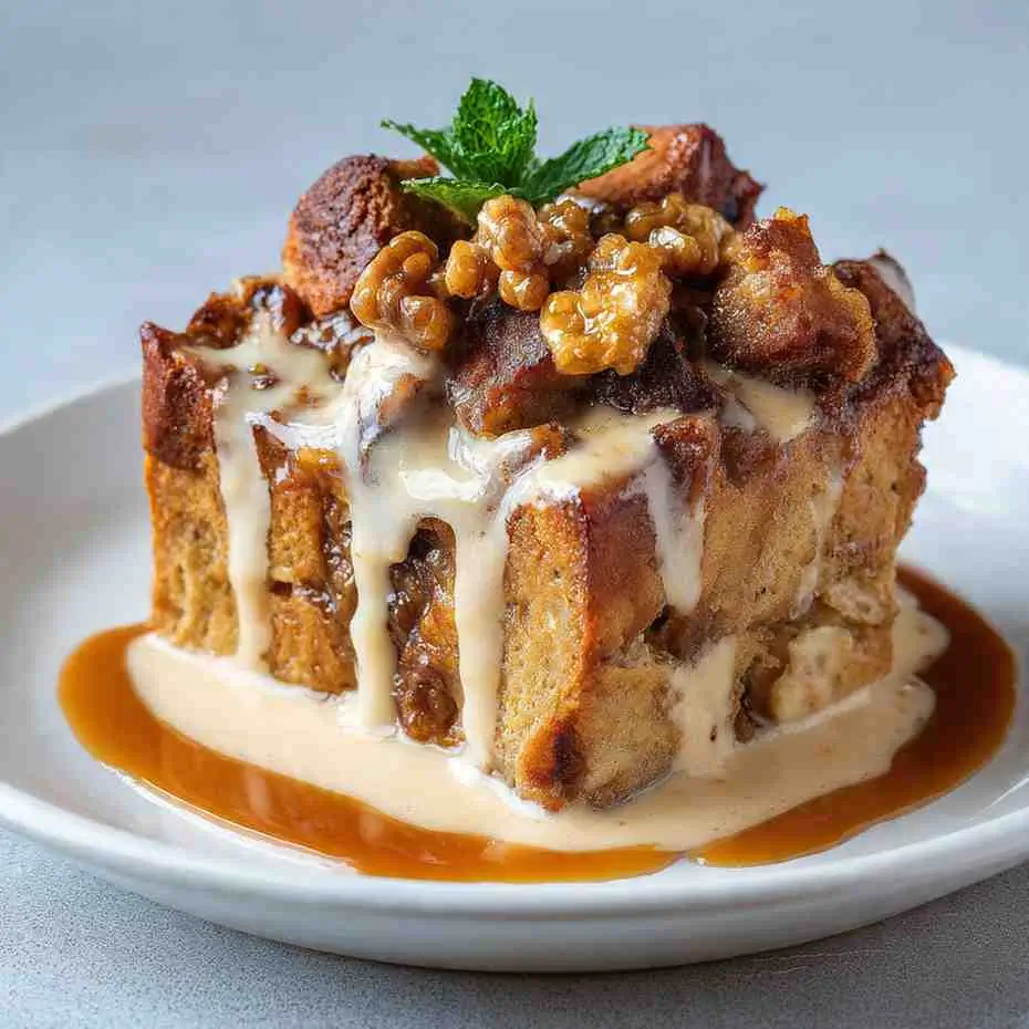 Tall slice of bread pudding topped with walnuts, vanilla sauce, and a fresh mint sprig.