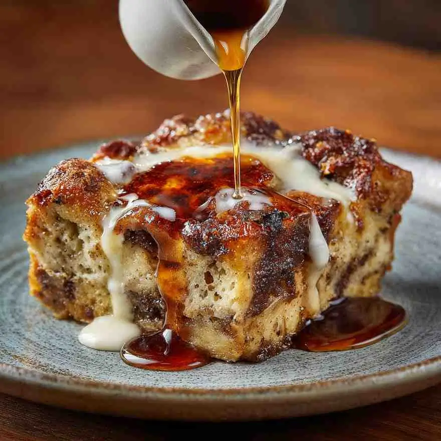 Bread pudding topped with vanilla sauce while caramel sauce is poured from a small pitcher.