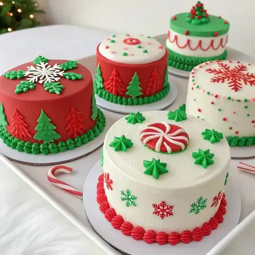 Festive Christmas mini cakes decorated with red and green frosting, featuring trees, snowflakes, and candy canes on a white platter.