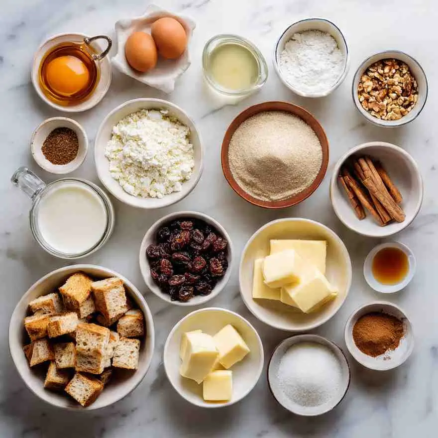 Flat-lay of bread pudding ingredients including bread cubes, eggs, butter, raisins, milk, sugar, spices, and vanilla.