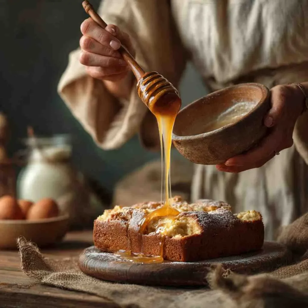A person drizzling honey over a rustic loaf-style bread pudding on a wooden board.