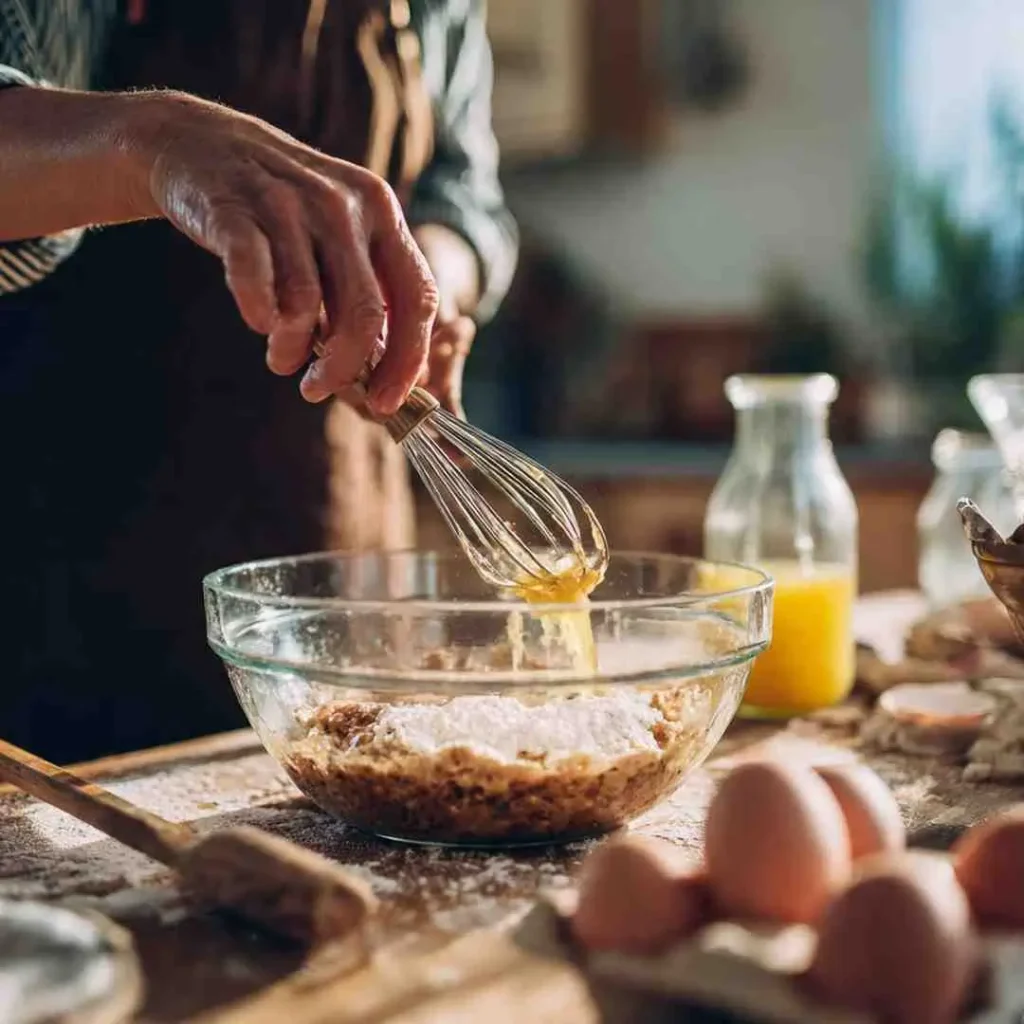 Hands whisking ingredients for bread pudding in a glass bowl on a kitchen counter.