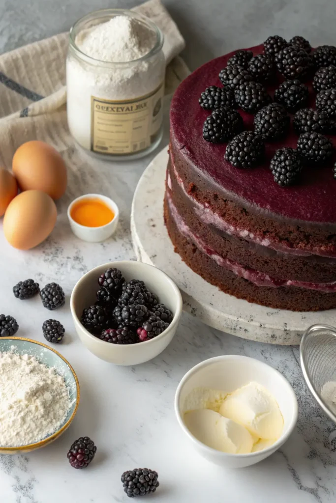 Ingredients for blackberry velvet cake with fresh blackberries, flour, eggs, and butter on a marble table.