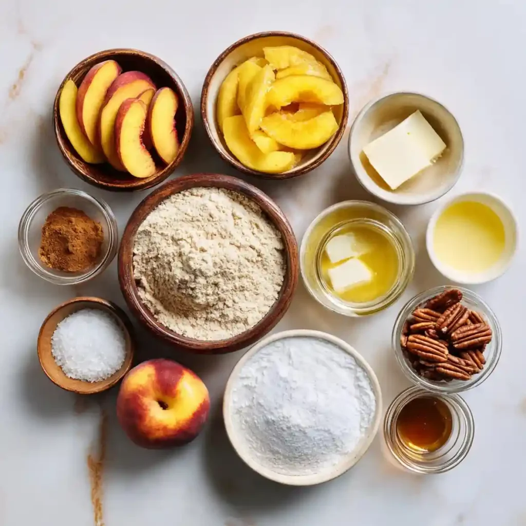 Flat-lay of peach dessert cake ingredients including sliced peaches, flour, sugar, spices, butter, oil, pecans, and vanilla in small bowls.