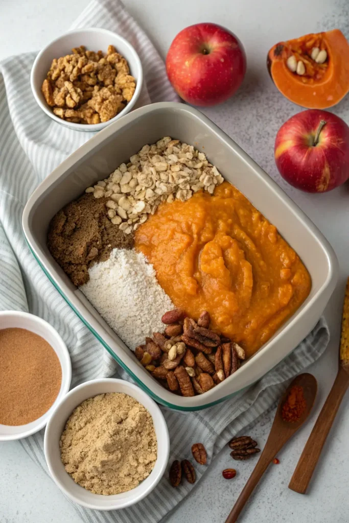 Baking dish filled with pumpkin purée, oats, nuts, and spices surrounded by apples and ingredients.