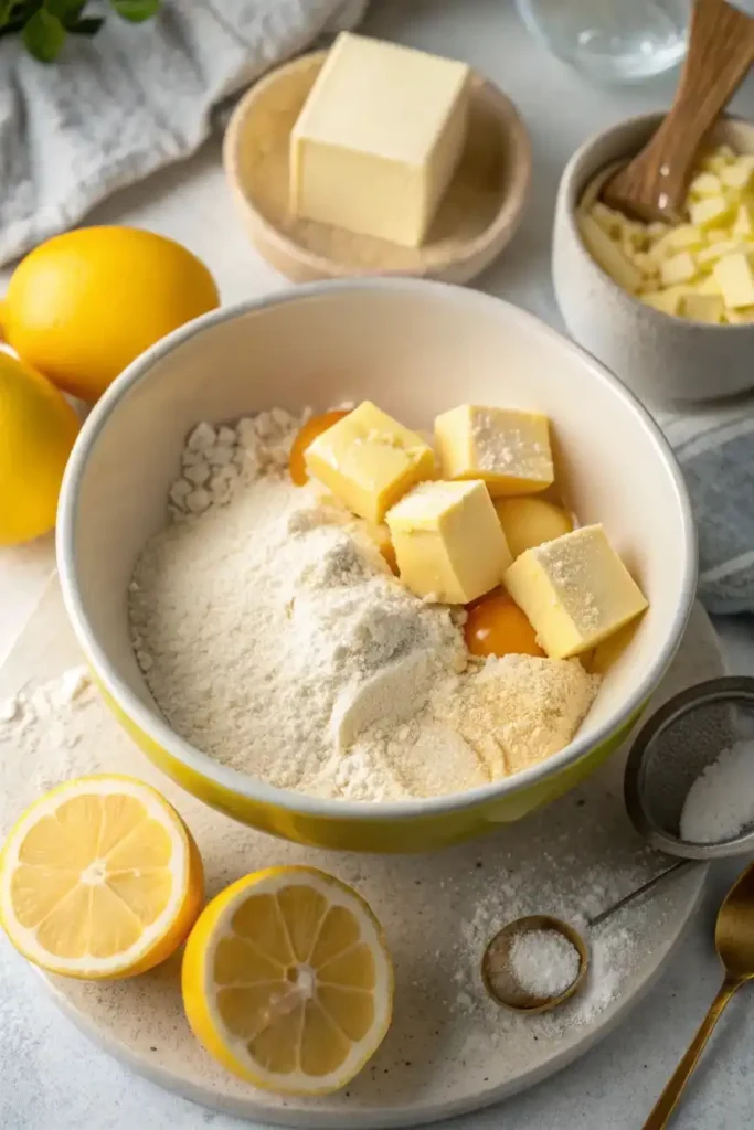 Baking ingredients for lemon drizzle cake including butter, flour, eggs, and lemons.