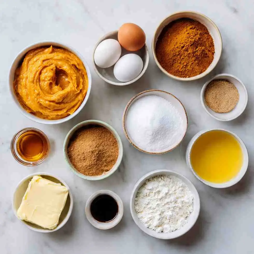 Flat-lay of pumpkin dessert cake ingredients including pumpkin purée, eggs, sugar, spices, melted butter, vanilla, and flour arranged in small bowls.