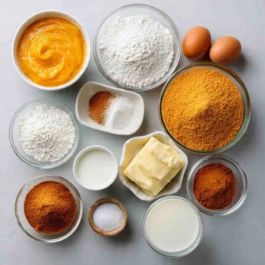 Flat lay of pumpkin purée, flour, spices, sugar, eggs, and butter arranged neatly.
